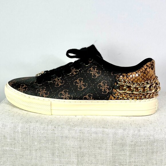 GUESS Luxe Chain-Embellished Snakeskin Sneakers Designer Streetwear Size 7 ½ M - Picture 1 of 16
